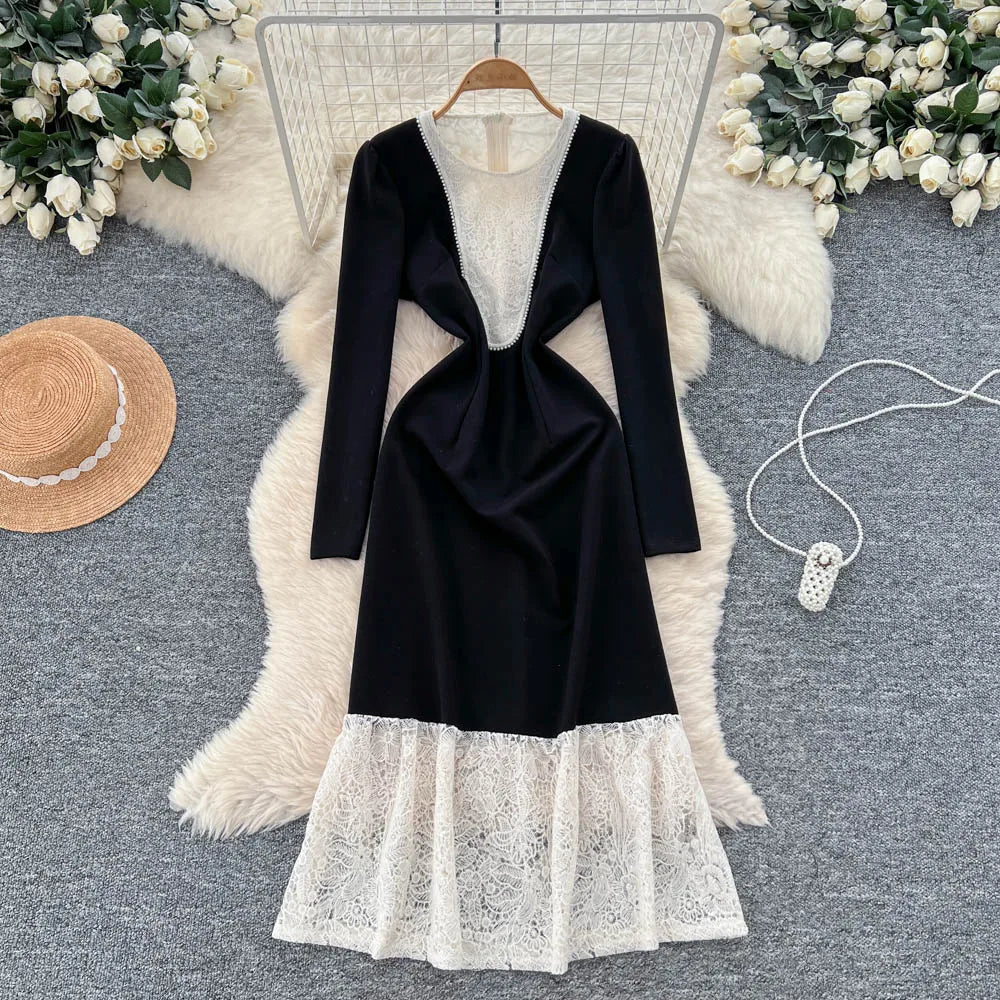 Beaded O-Neck Long Sleeve Slim Dress