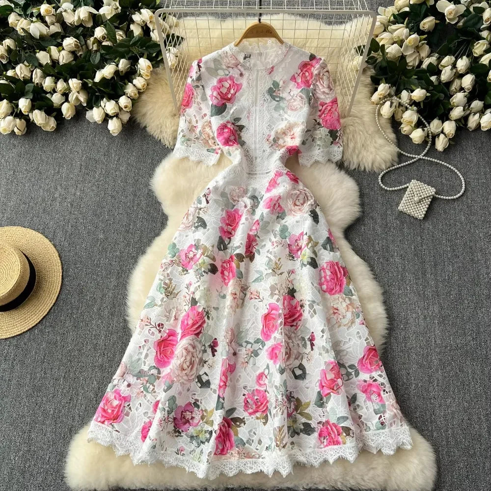 French Lace Patchwork Print Maxi Dress