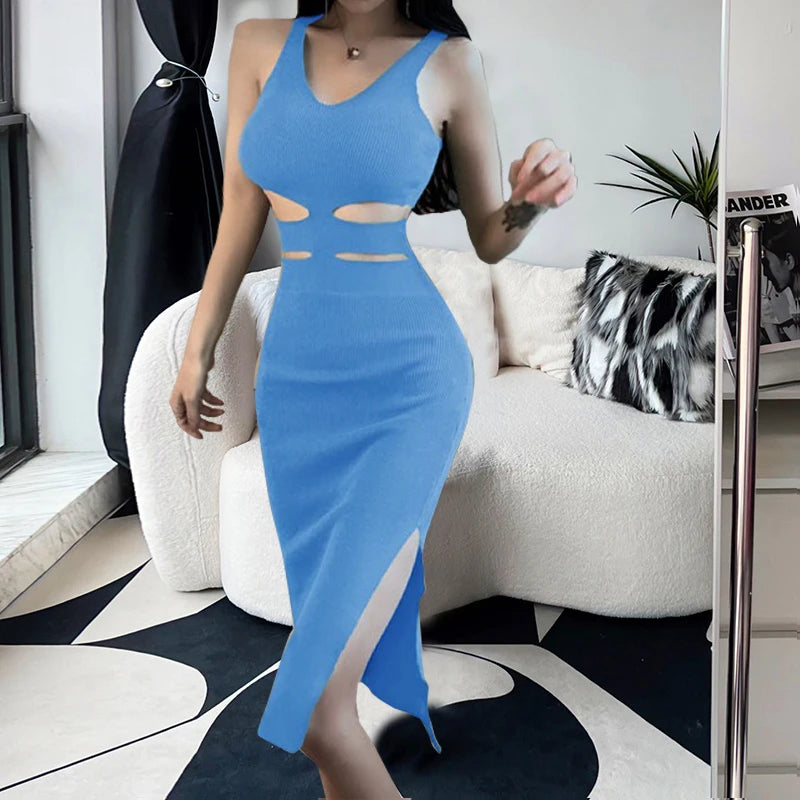 Cutout Waist Split Knit Maxi Dress