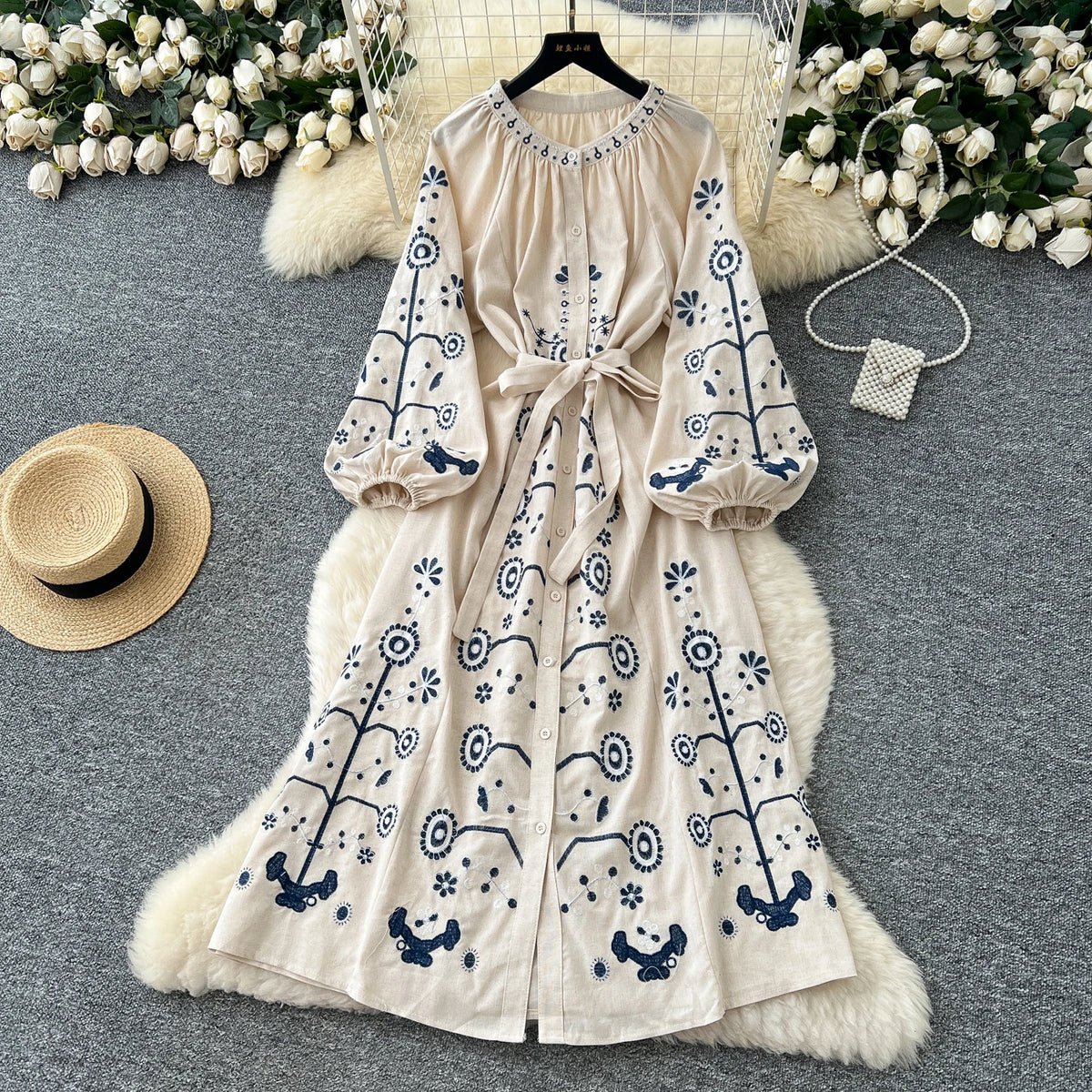 Embroidered Lantern Sleeve Evening Dress