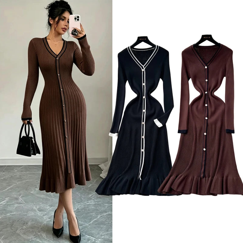 Button Front V-Neck Knit Maxi Shirt Dress