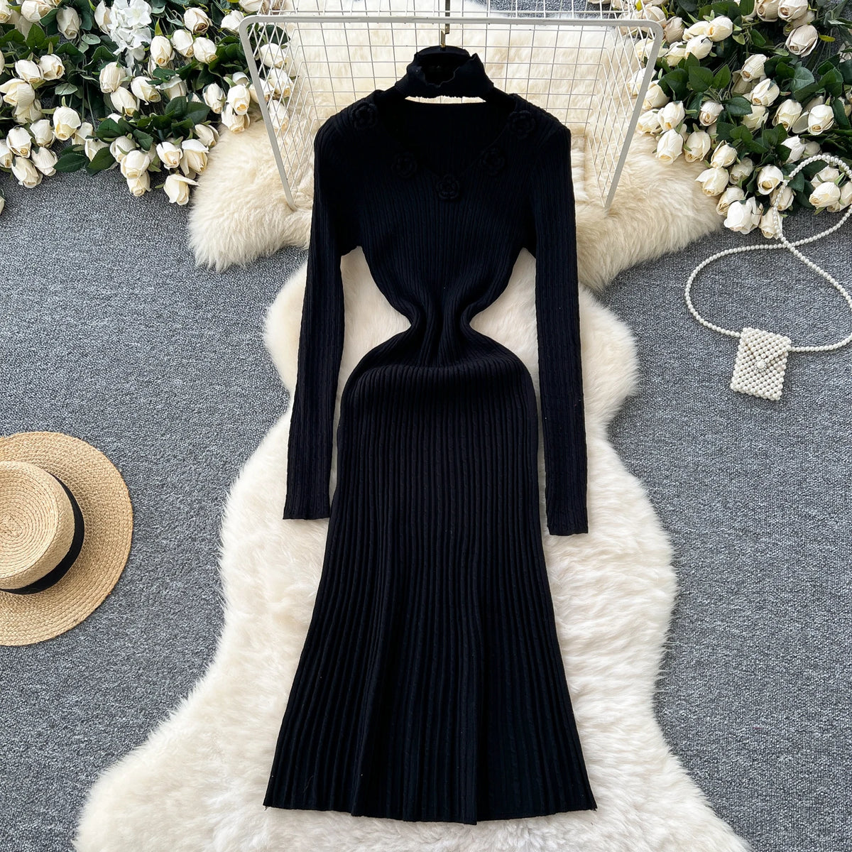 Textured Knit Pleated A-Line Dress