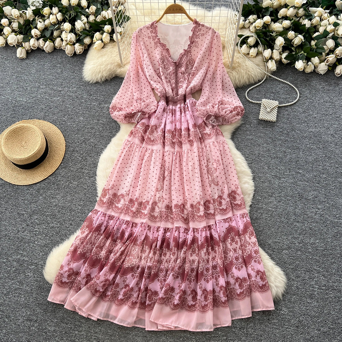 Slim Print V-Neck Long Sleeve Dress