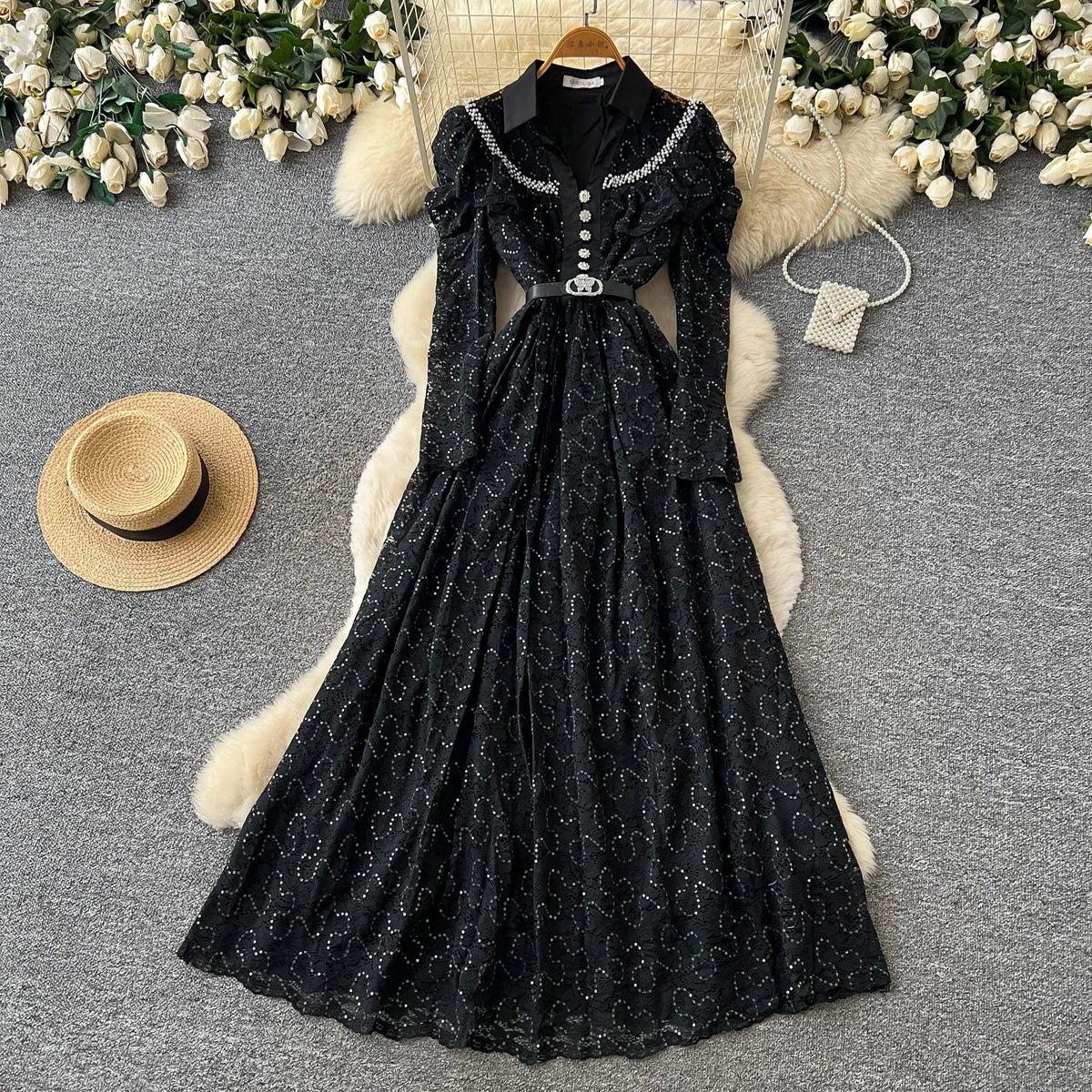 Rhinestone Lace V-Neck Maxi Evening Gown