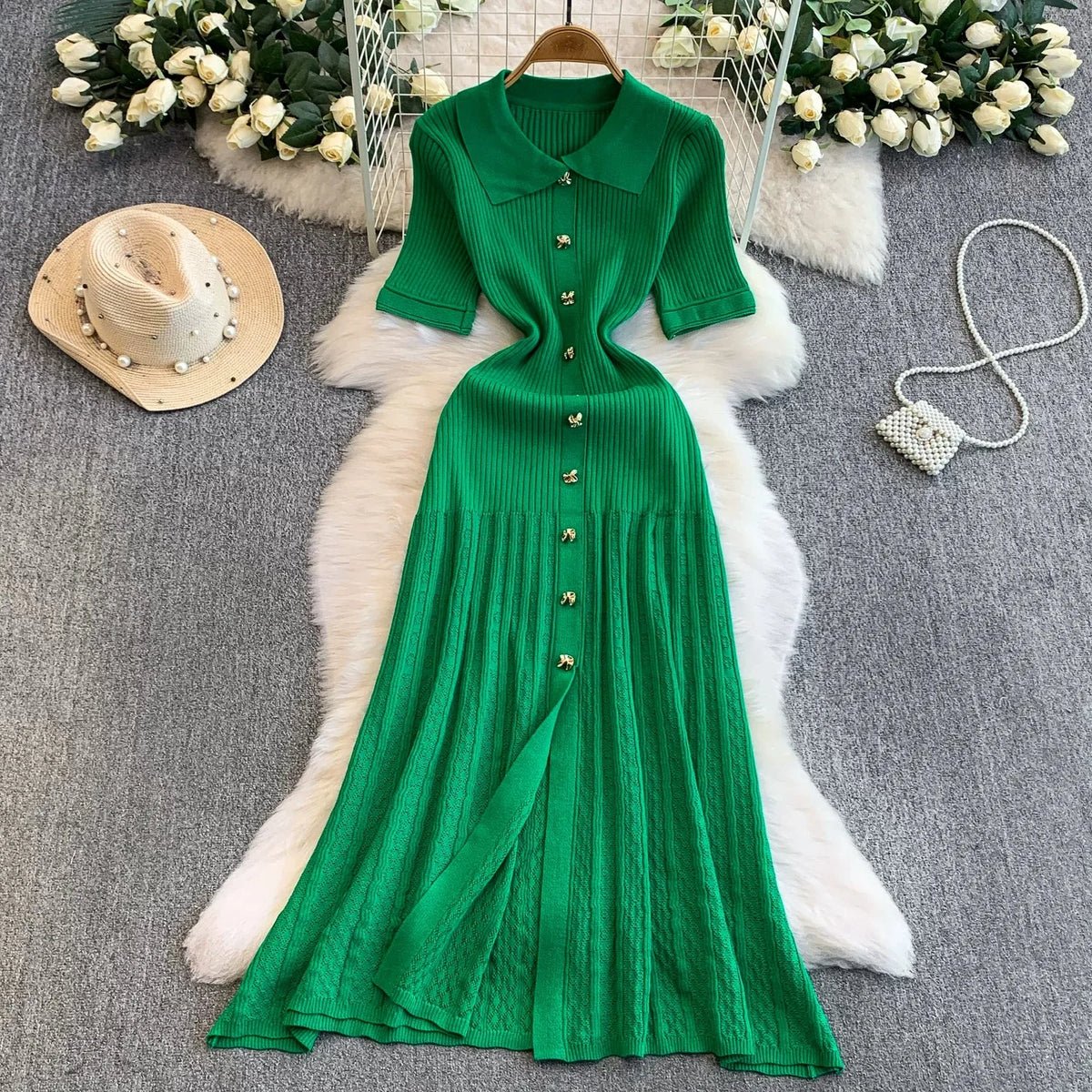 Turn-Down Collar Knit Maxi Office Dress
