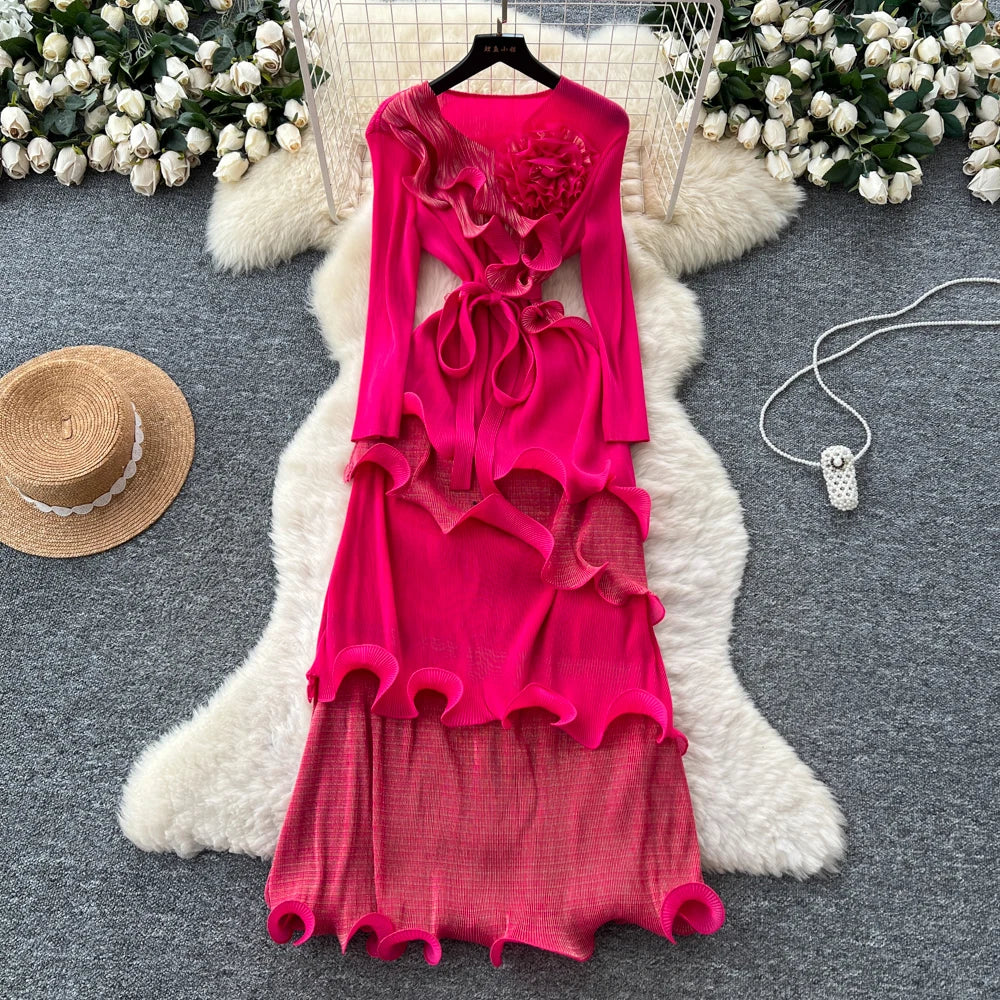 3D Ruffle High Waist Long Sleeve Dress