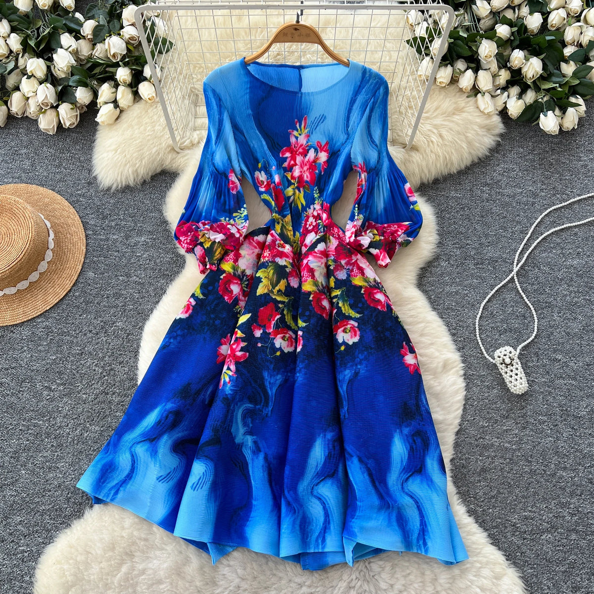 Print Lantern Sleeve High Waist A-Line Dress