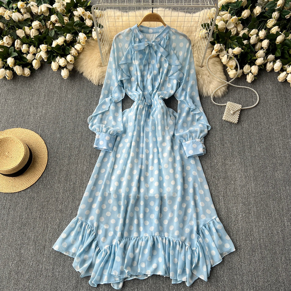 Polka Dot Chiffon Puff Sleeve A-Line Dress