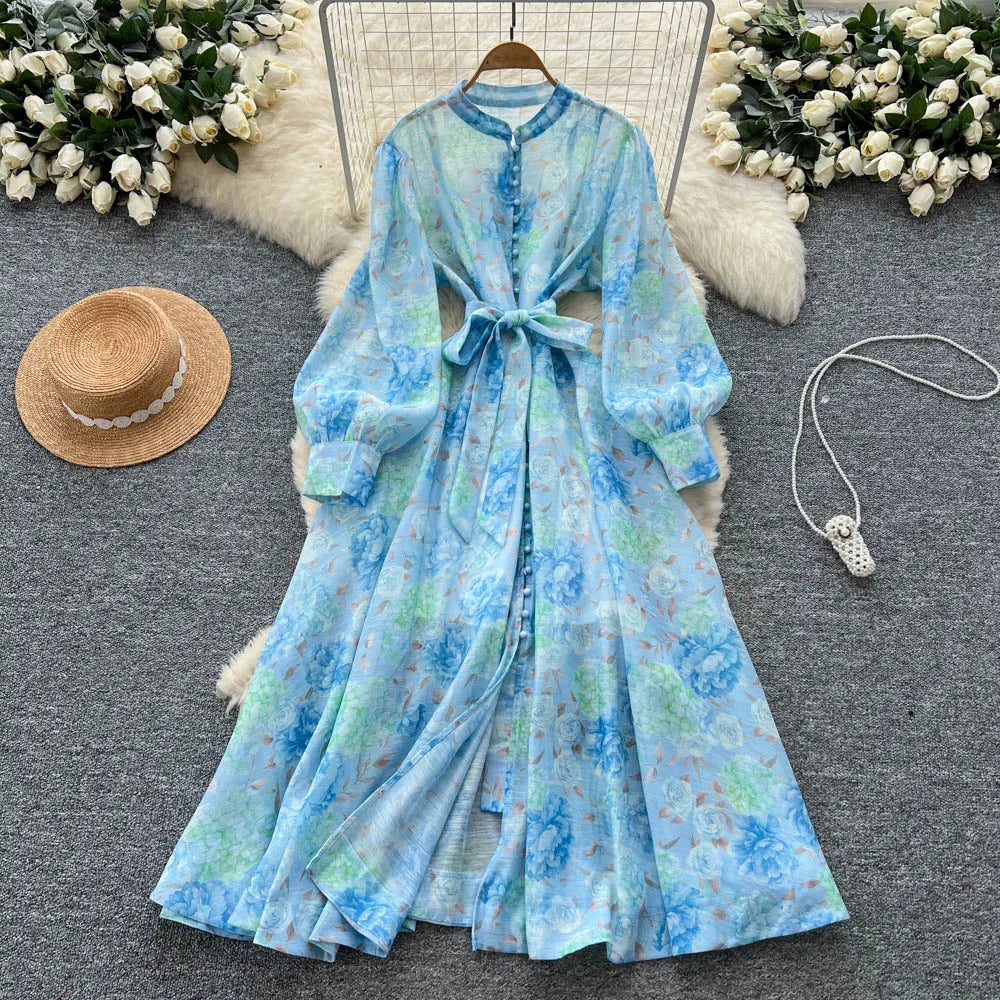 Split Print Pleated Long Sleeve Dress