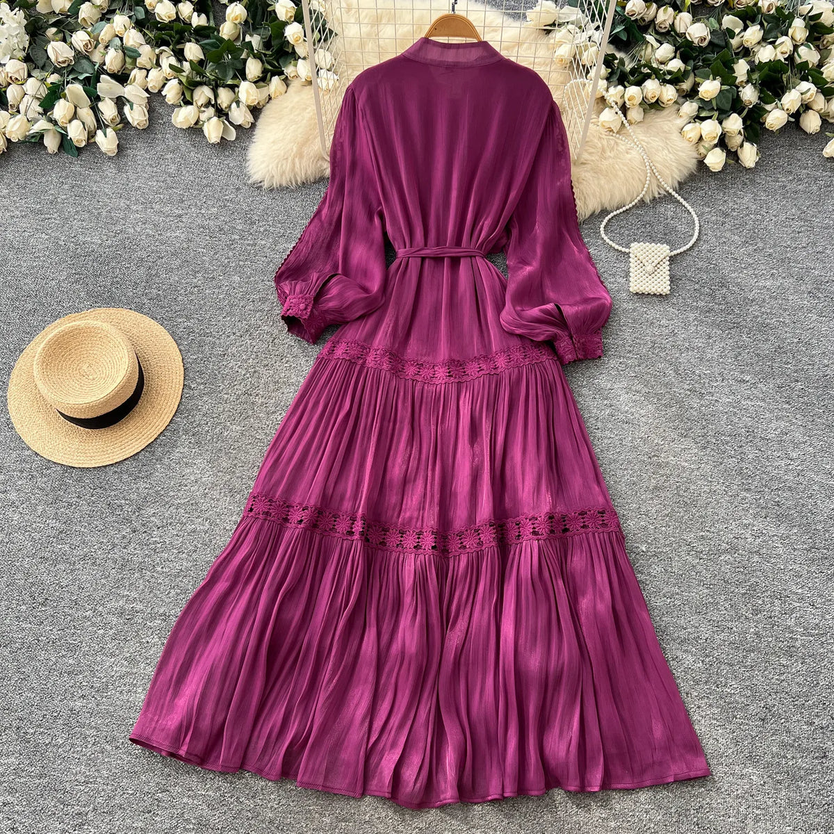 Jacquard Puff Sleeve Ruffle Swing Dress
