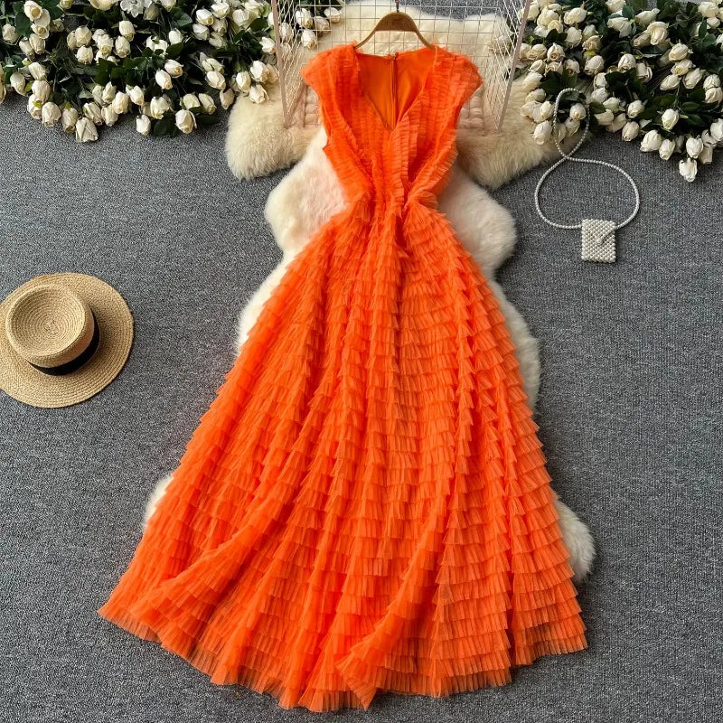 Pleated Mesh V-Neck Slip Dress