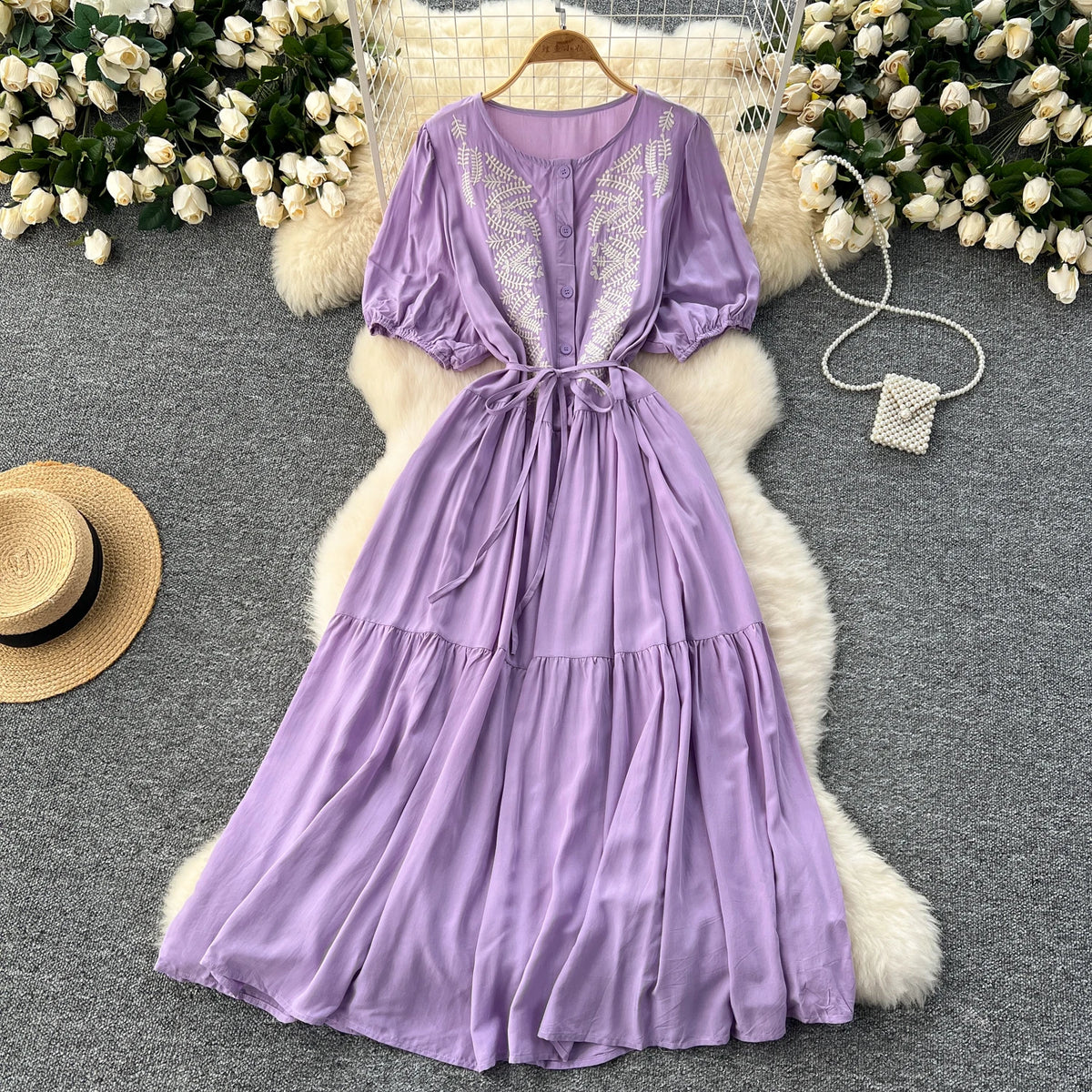 Embroidered Puff Sleeve Crew Neck Dress
