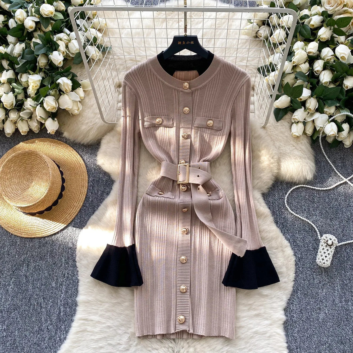 Belted Knit Bodycon Mini Dress