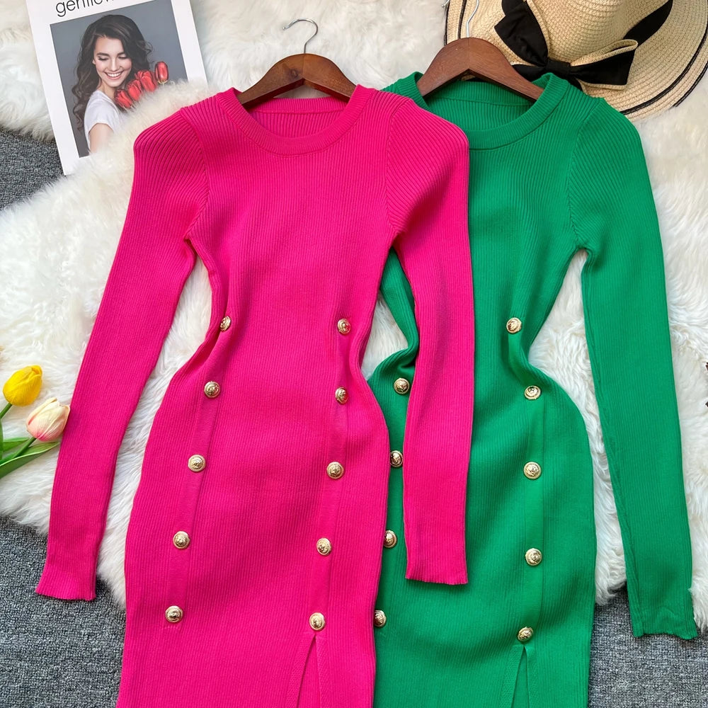 Double-Breasted Split Knit Wrap Dress