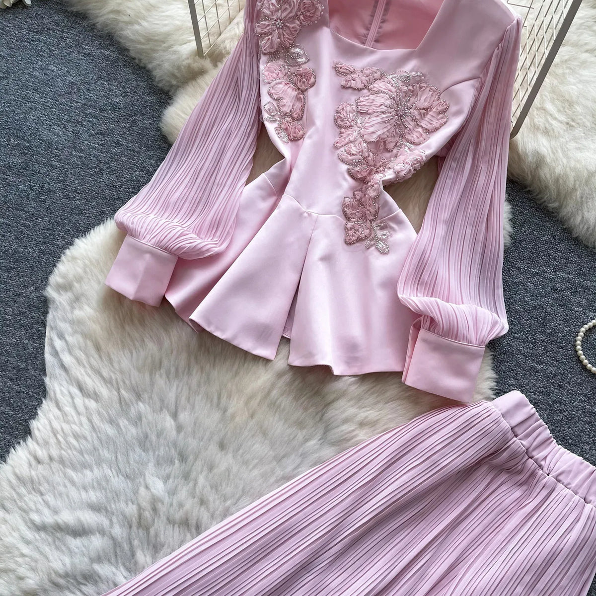 Embroidered Blouse and Pleated Skirt Set