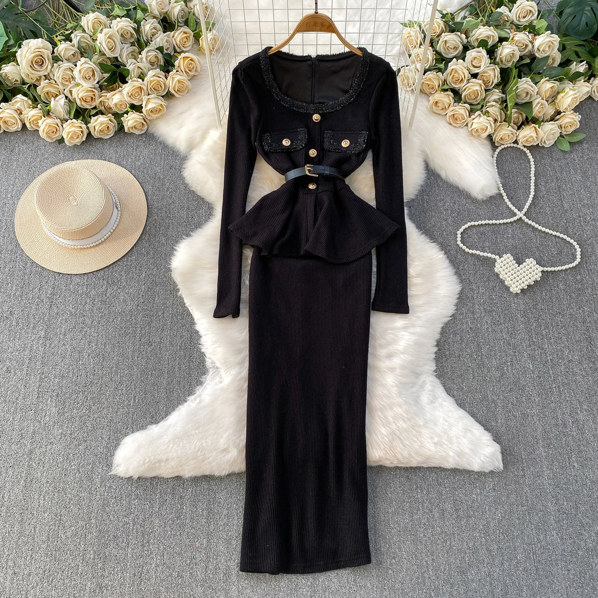 Ruffle Square Neck Long Sleeve Maxi Dress