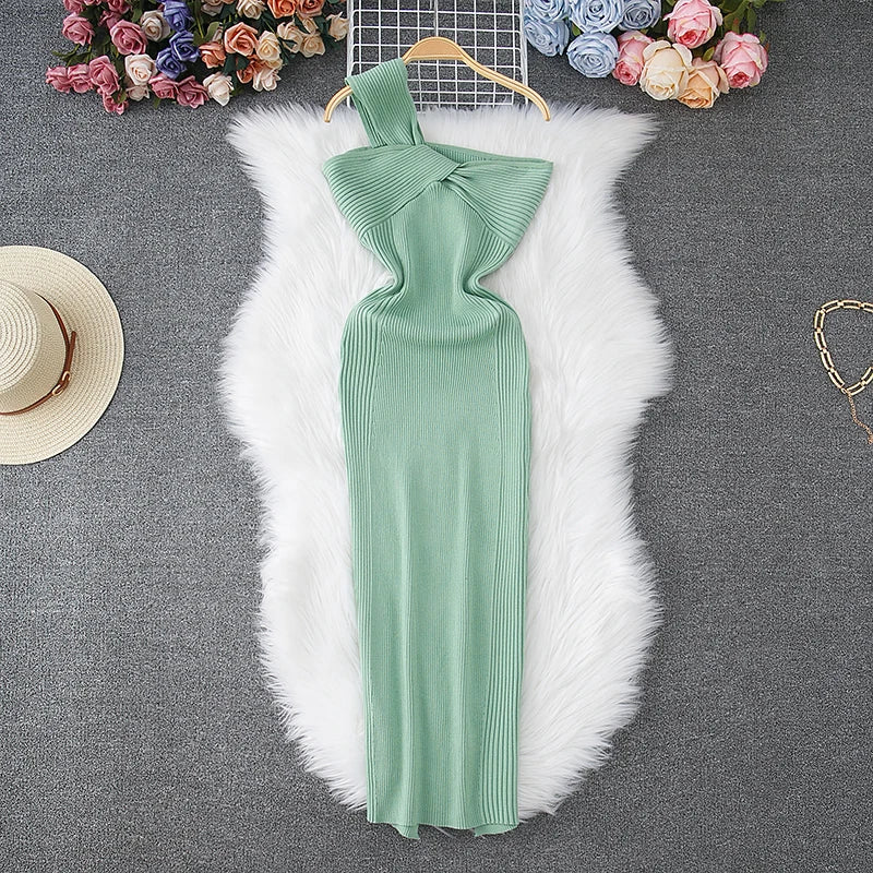 One-Shoulder Knot Knit Bodycon Dress