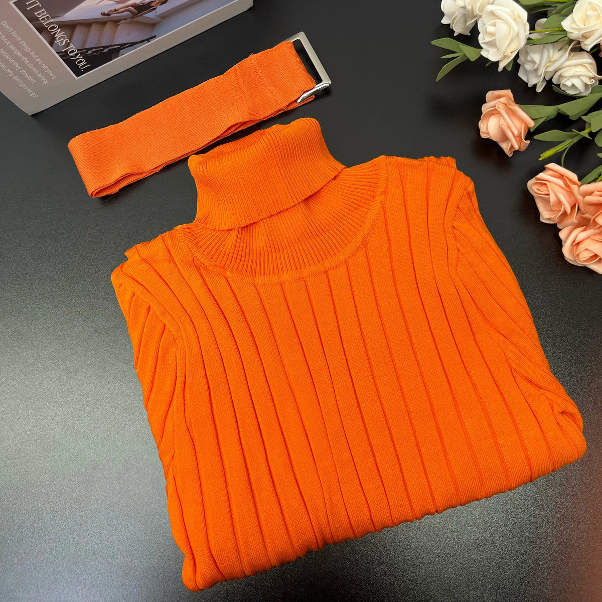 Turtleneck Belted Ribbed Sweater Dress