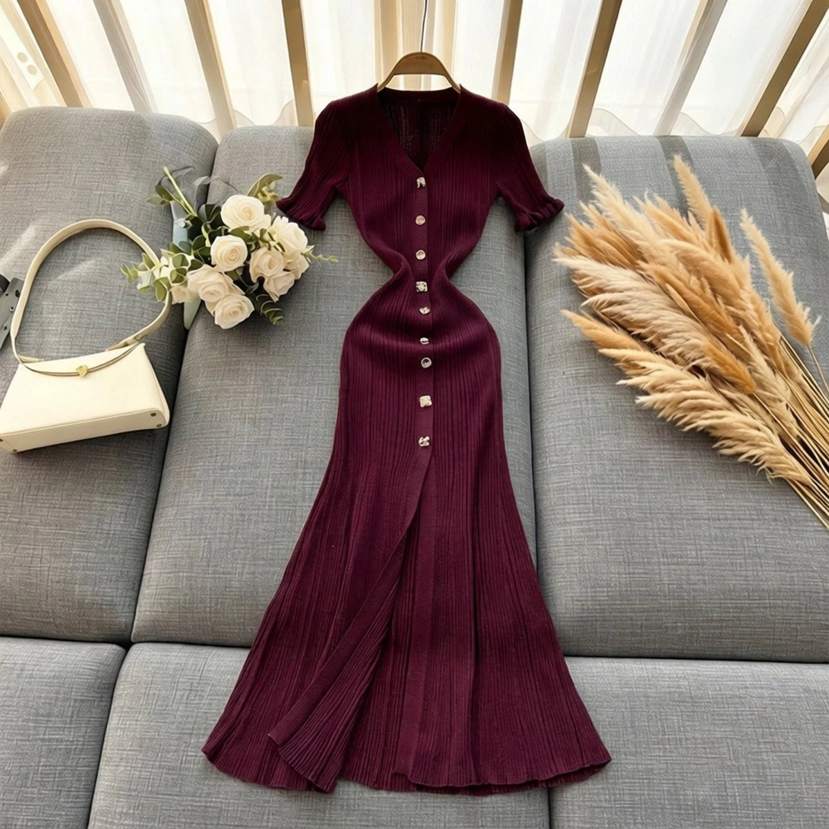 Single-Breasted Knit Bodycon Maxi Dress