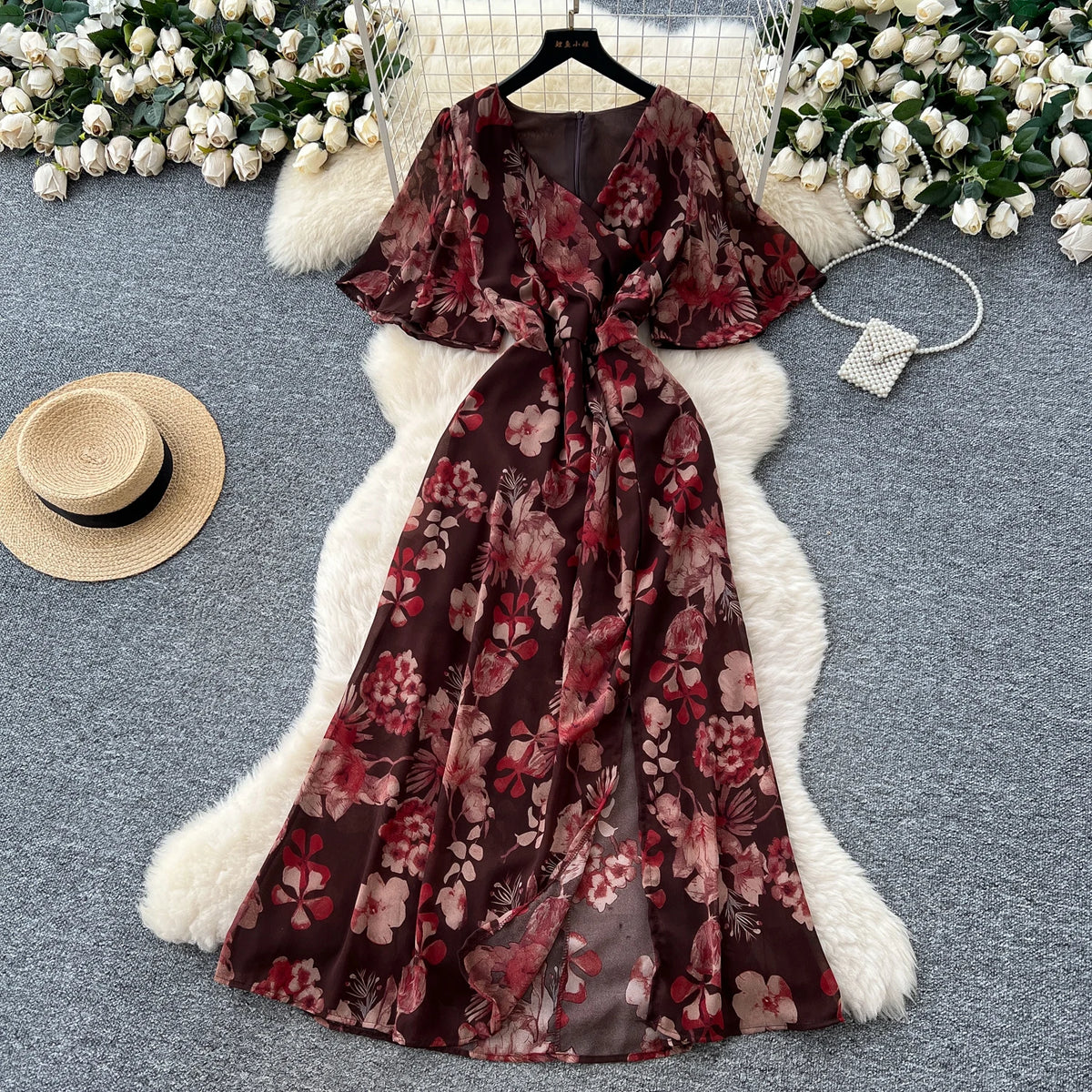 Split V-Neck Short Sleeve Boho Dress