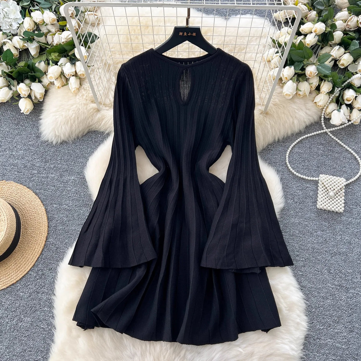Flare Sleeve Knit A-Line Mini Dress