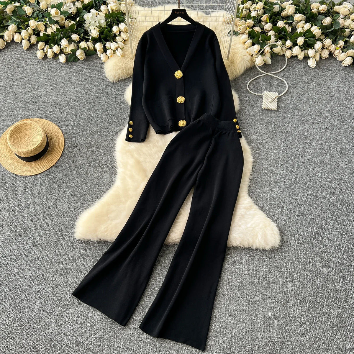 Sequin Button Knit Crop Top and Pants Set