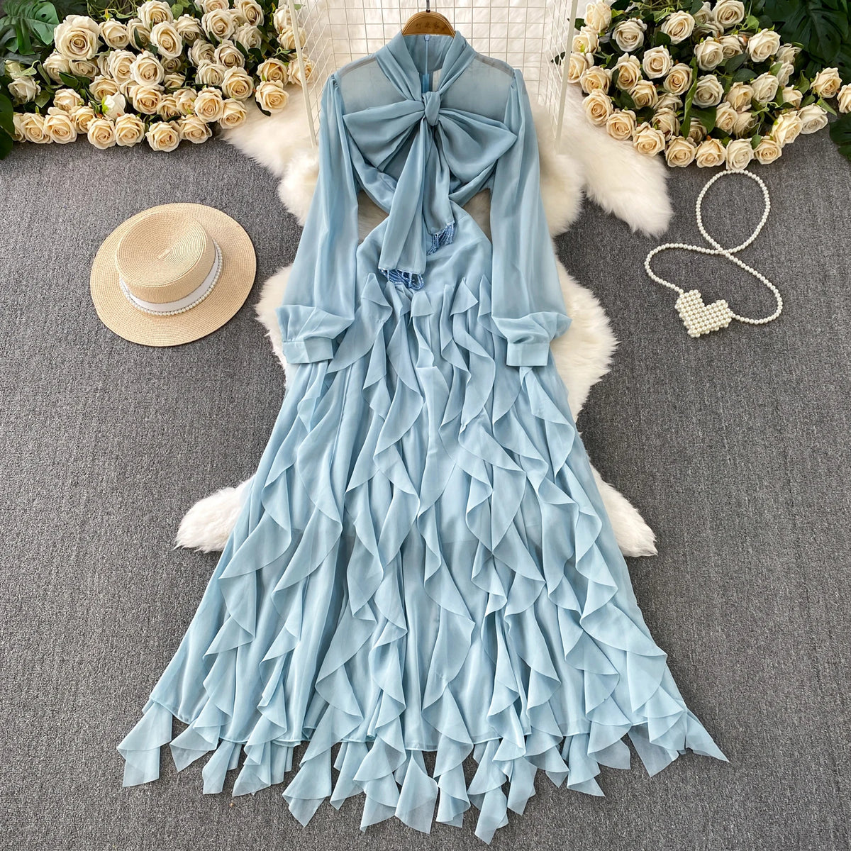 Ruffle Lace-Up Pleated V-Neck Dress