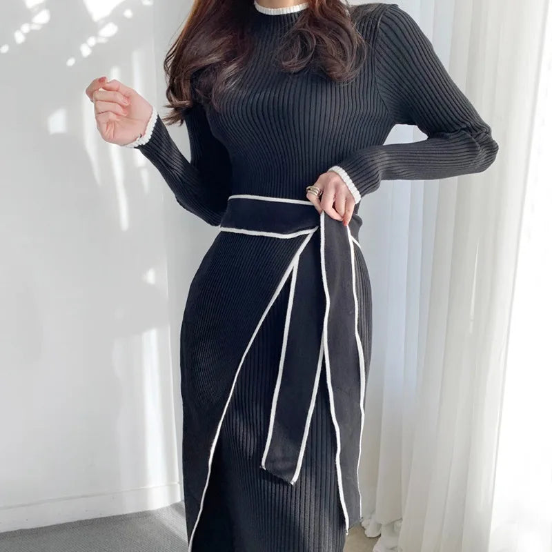 Lace-Up Turtleneck Rib Knit Maxi Dress