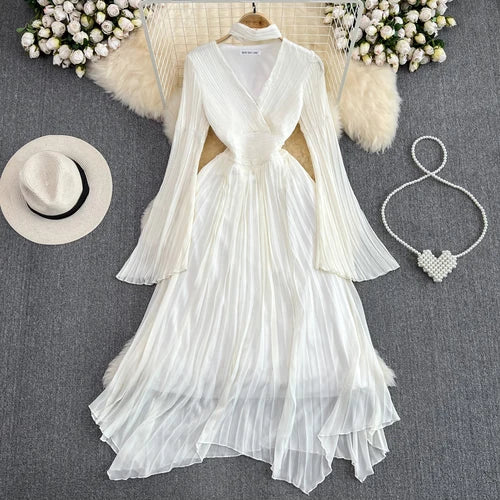 Halter V-Neck Flare Sleeve Midi Dress