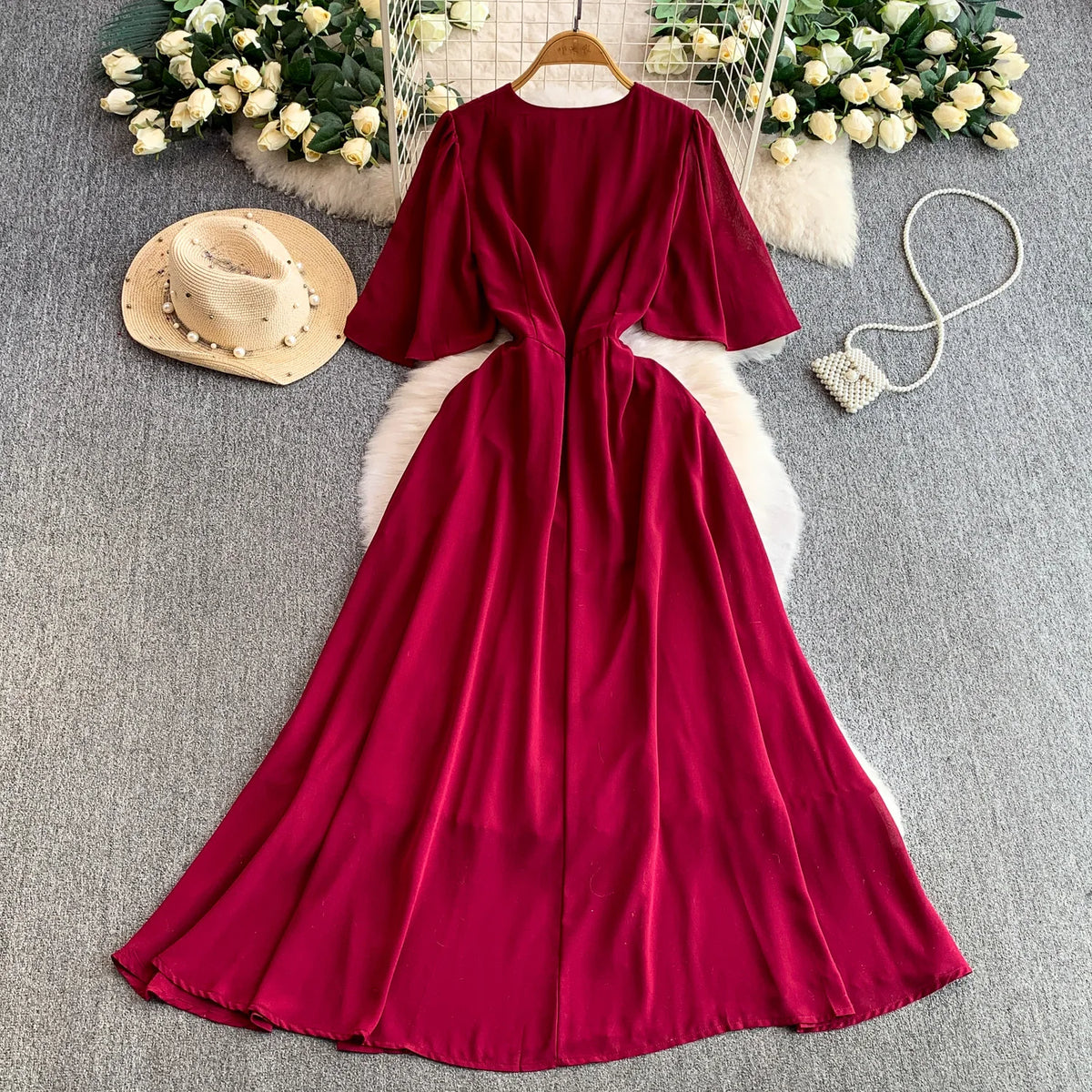 Short Sleeve V-Neck A-Line Dress