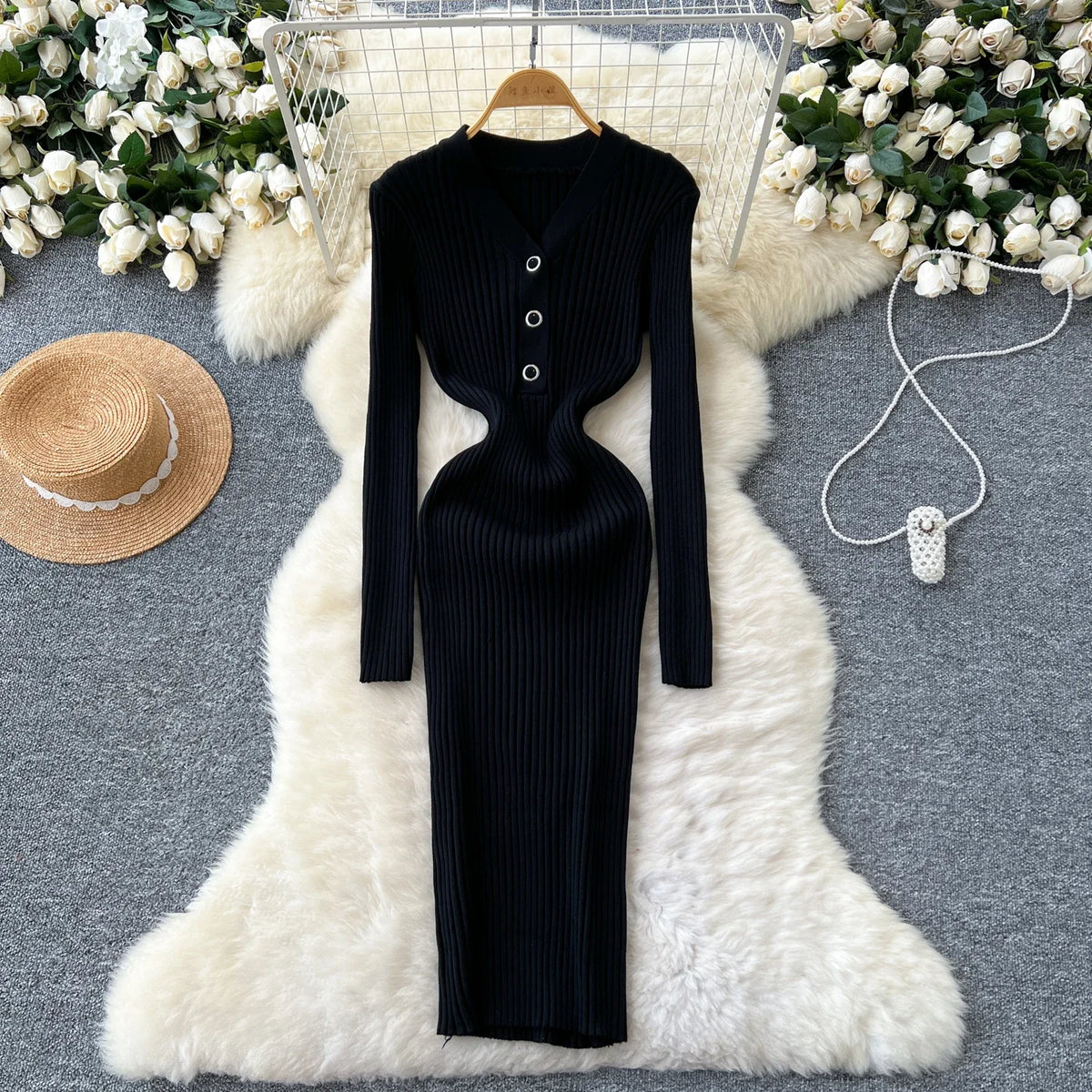 Button Front V-Neck Knit Dress