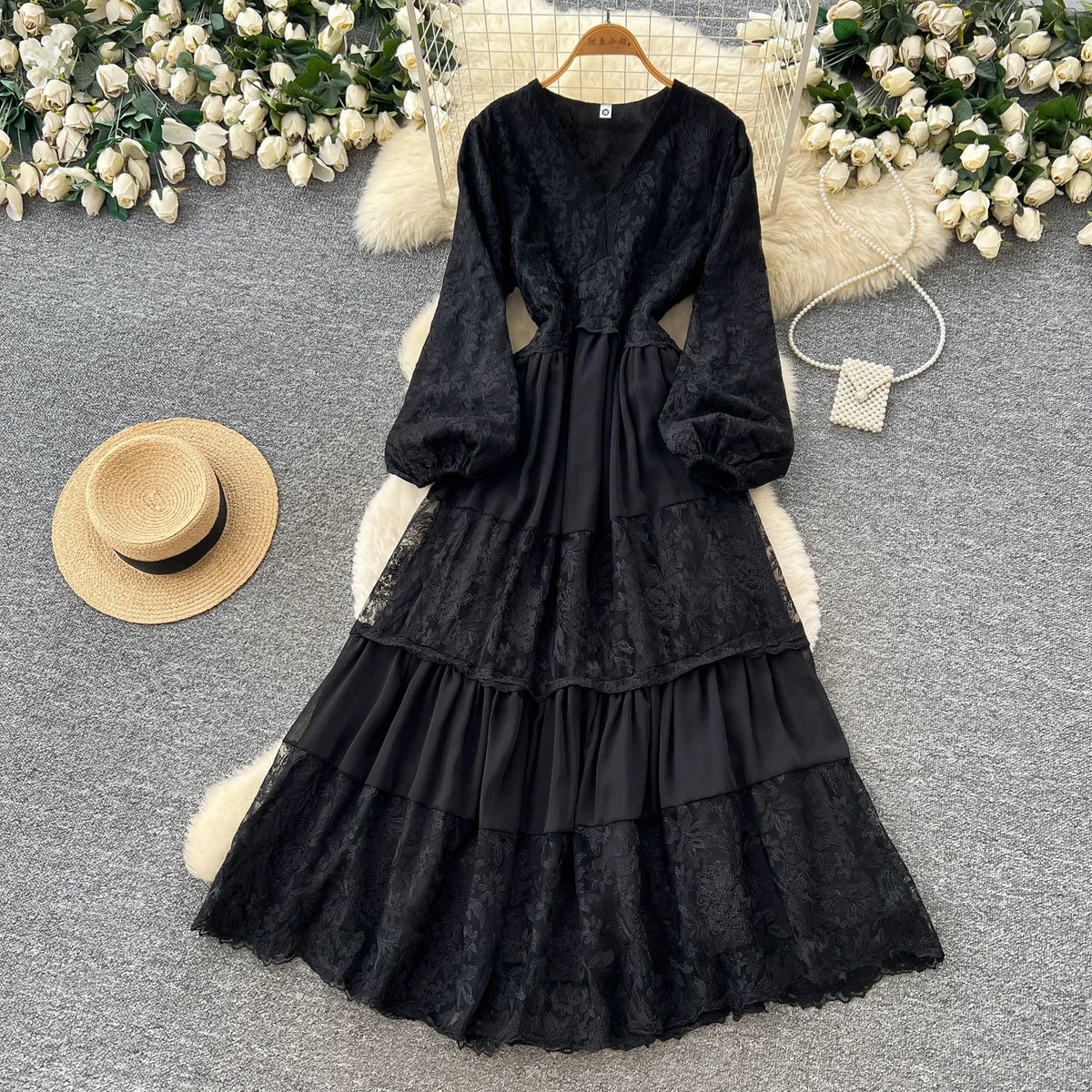 Lace Mesh V-Neck Ruffle Maxi Dress