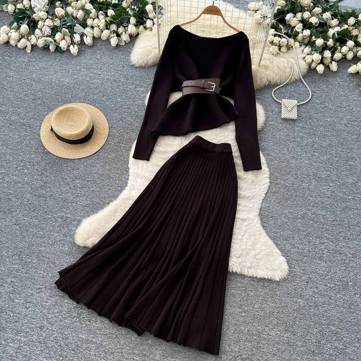 Belted Knit Pullover and Flared Skirt Set