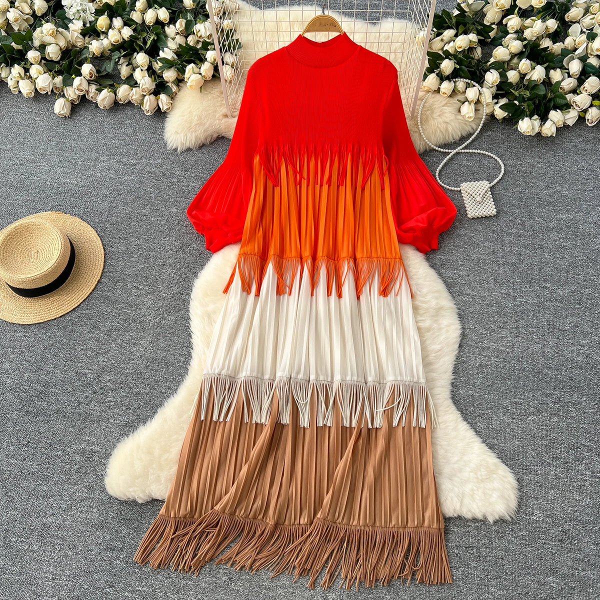 Tassel Patchwork Lantern Sleeve Dress