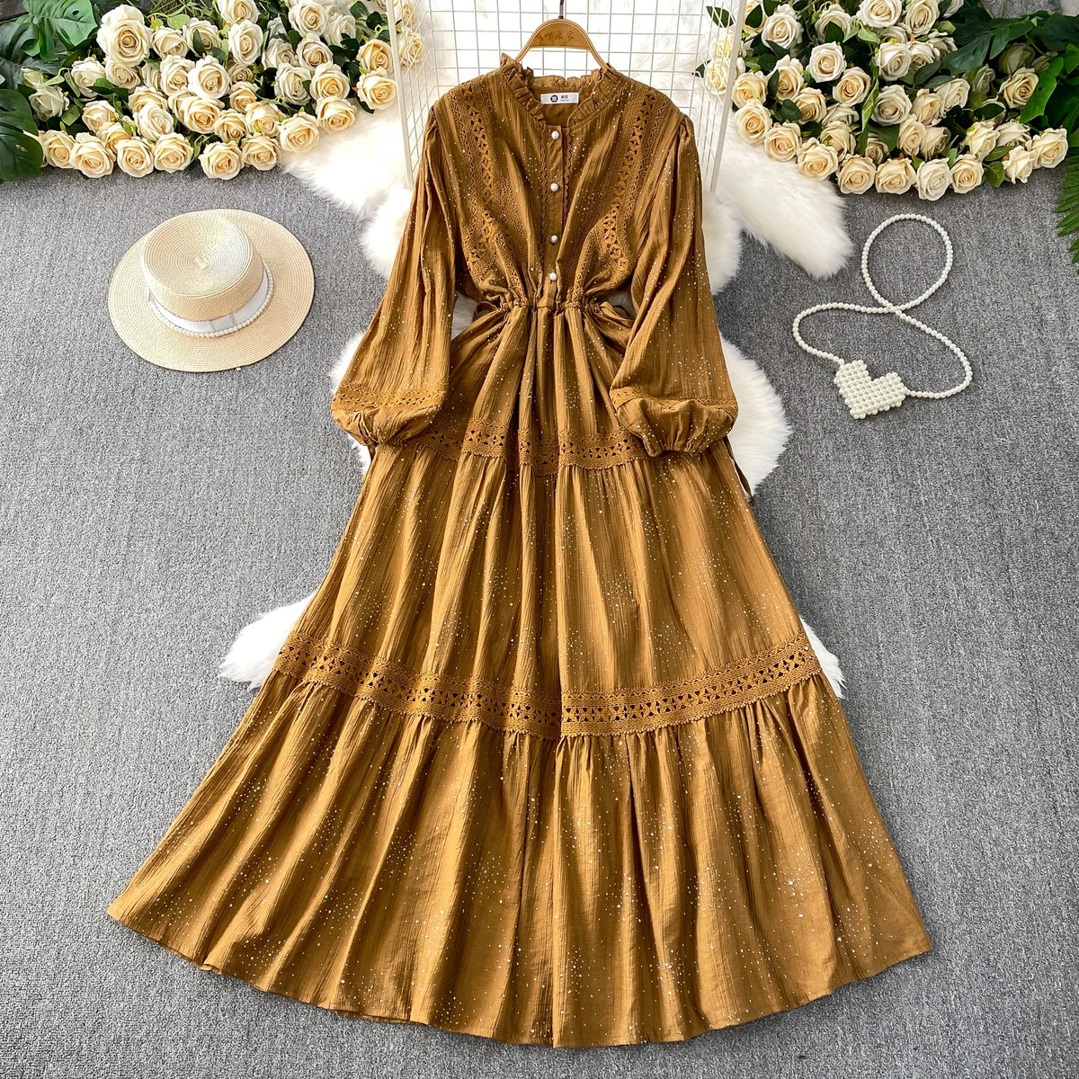 Lace Drawstring Ruched Boho Long Dress