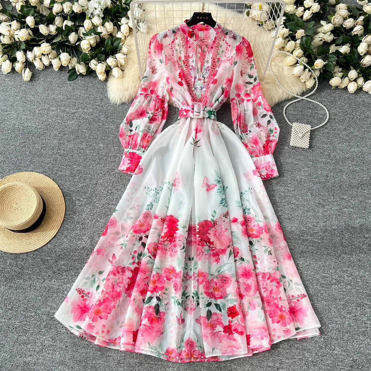 Print Sash V-Neck Lantern Sleeve Long Dress