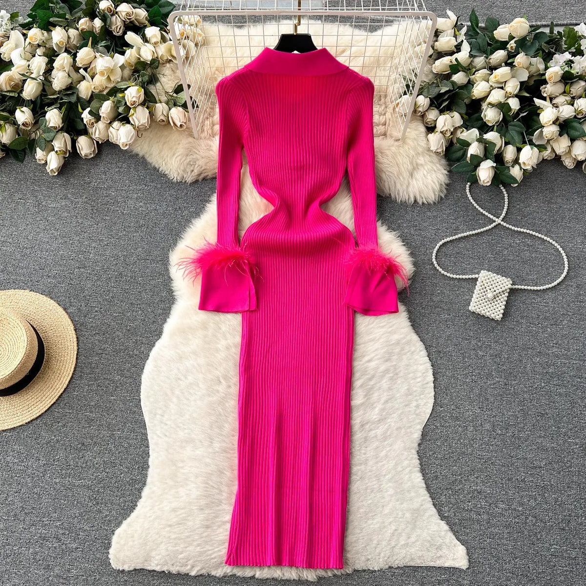 Fur Trim Collared Knit Bodycon Maxi Dress