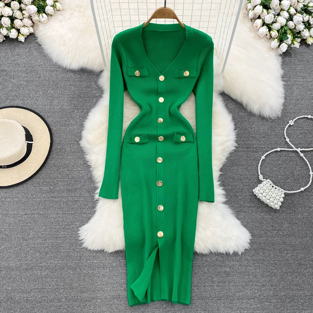 Split V-Neck Knit Bodycon Dress