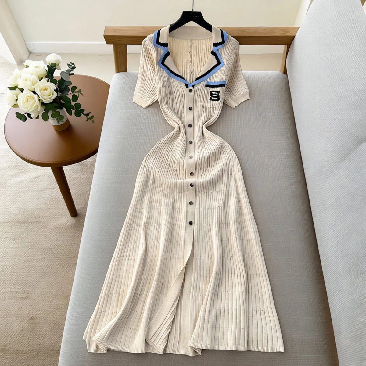 Embroidered Short Sleeve Knit Maxi Dress
