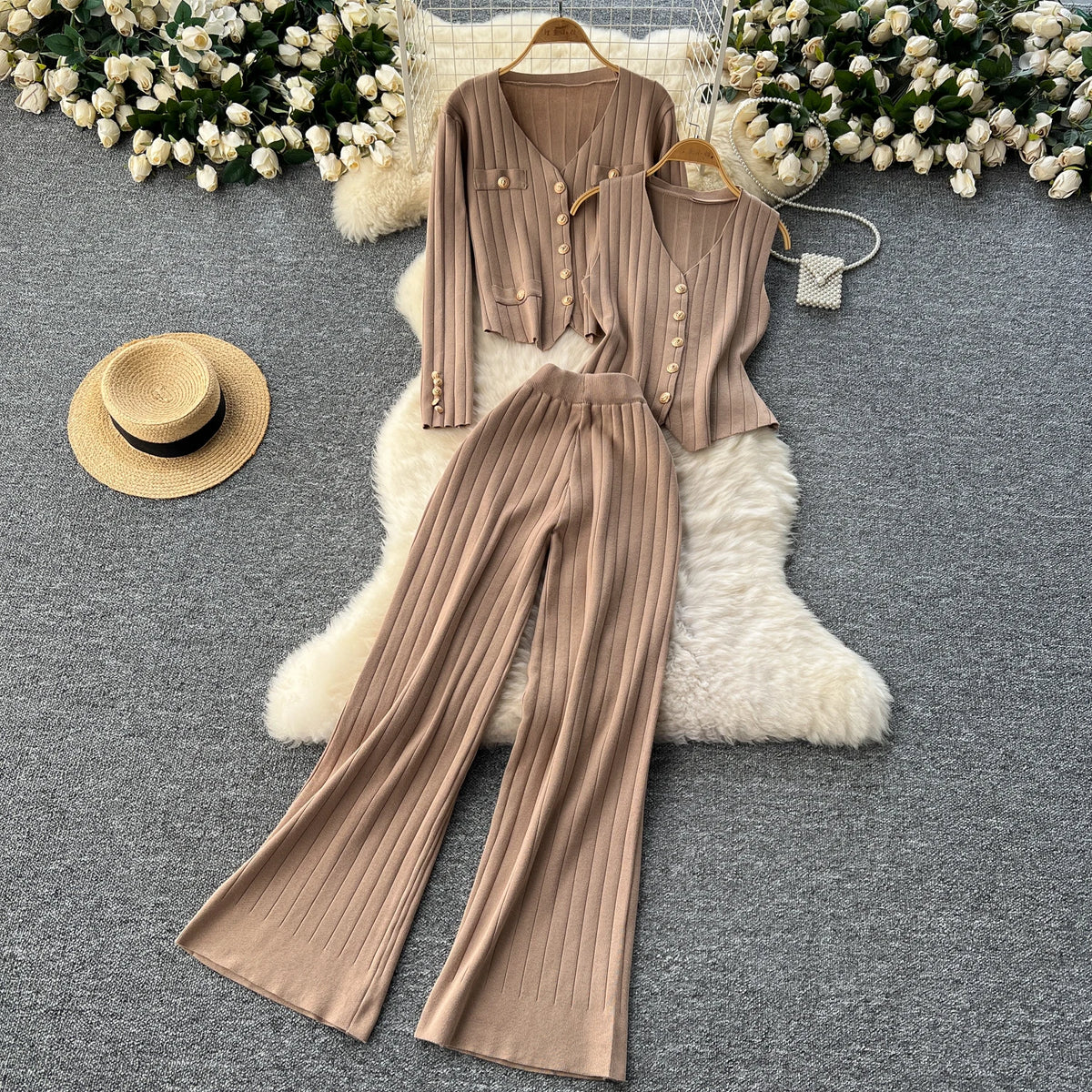 Knit V-Neck Top and Wide Leg Pants Set