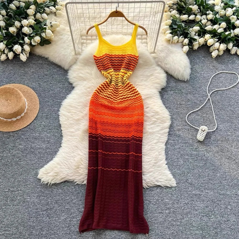 Gradient Ripple Knit Spaghetti Strap Maxi Dress