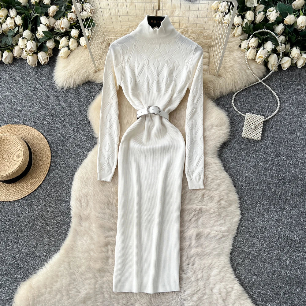 Belted Knit Long Sleeve Pencil Dress
