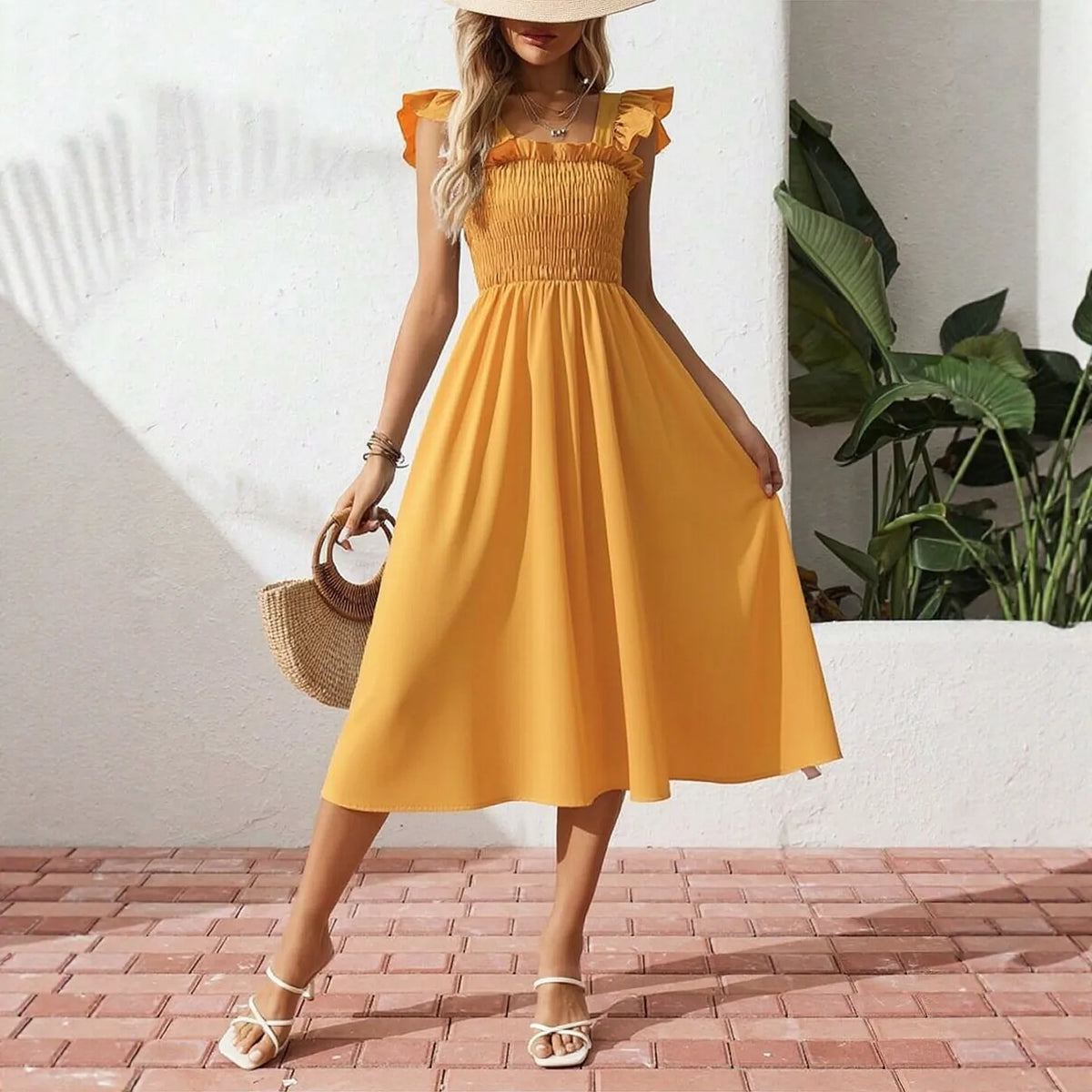 Flare Sleeve Elastic Waist Midi Dress