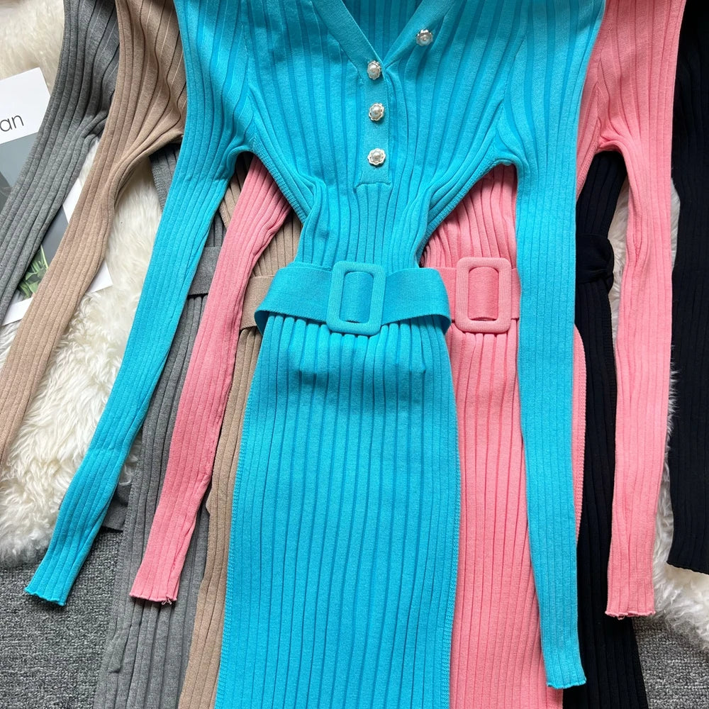 Belted Button V-Neck Knit Maxi Dress
