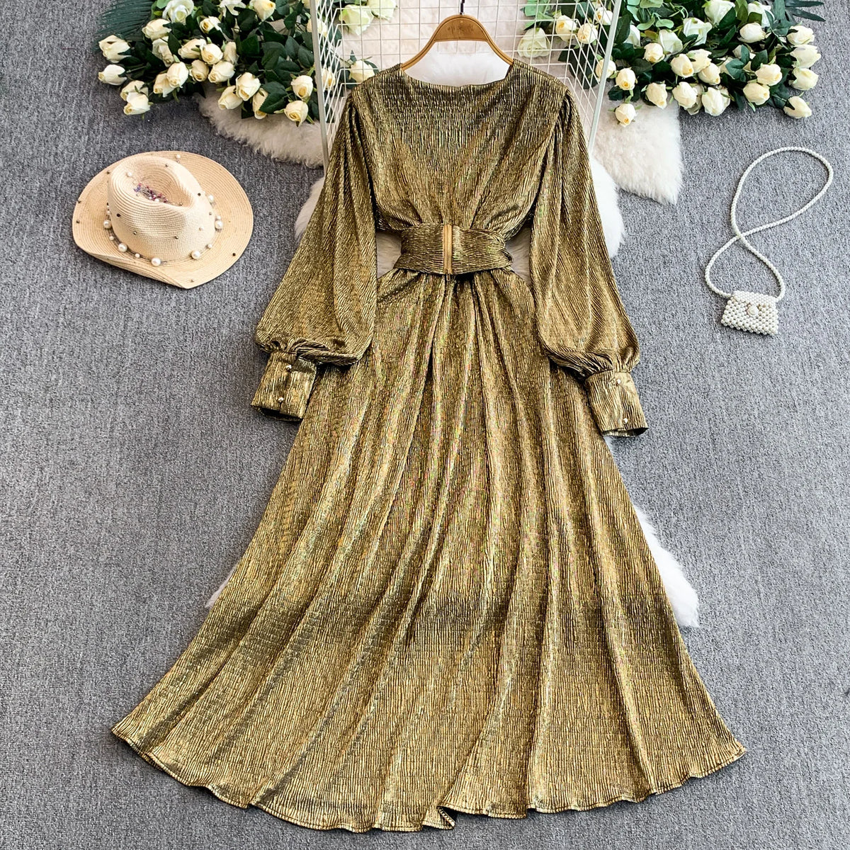 Loose Lantern Sleeve Maxi Evening Dress