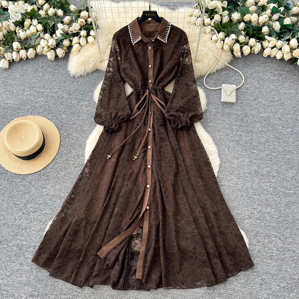 Beaded Collared Long Sleeve Dress