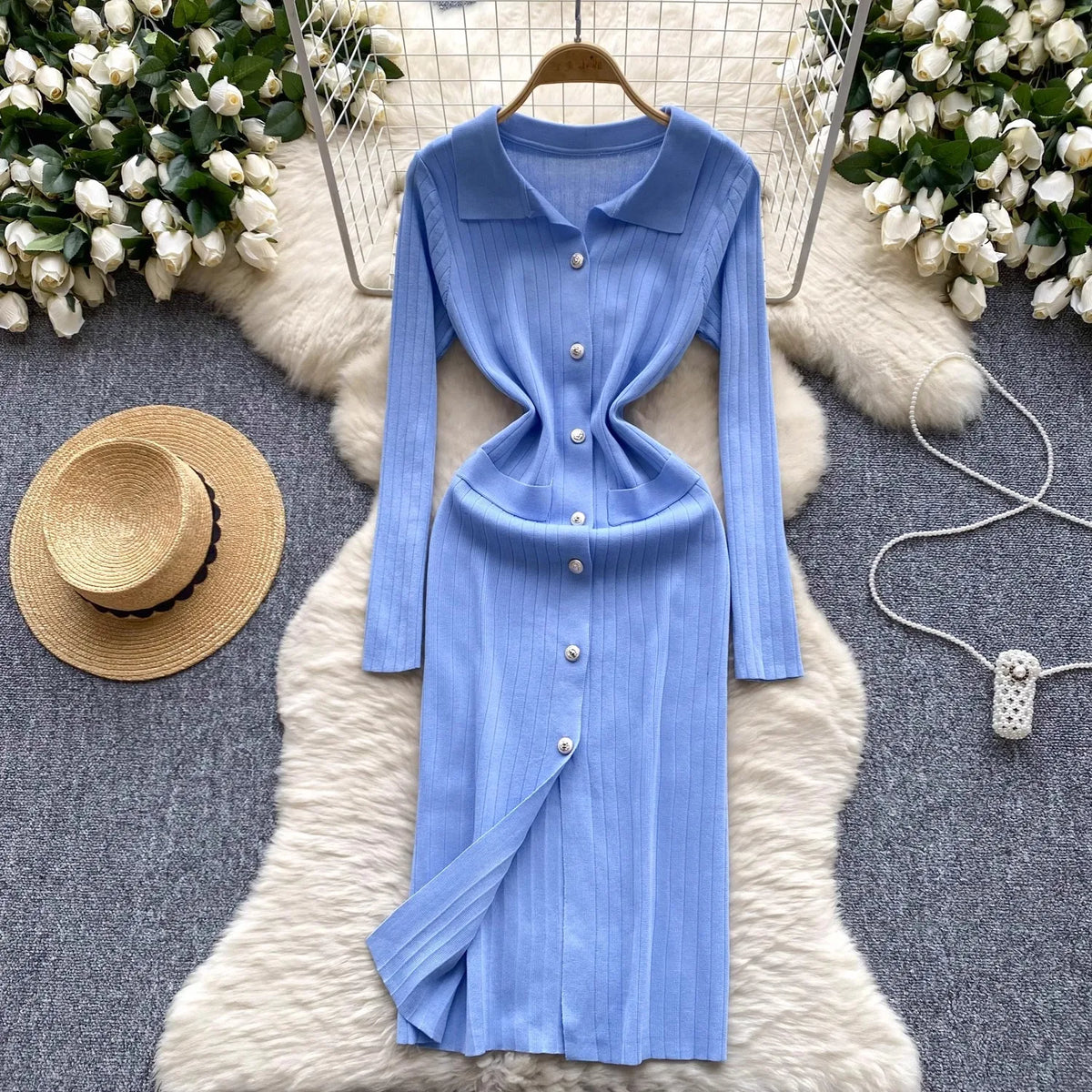 Collared Knit Maxi Shirt Dress