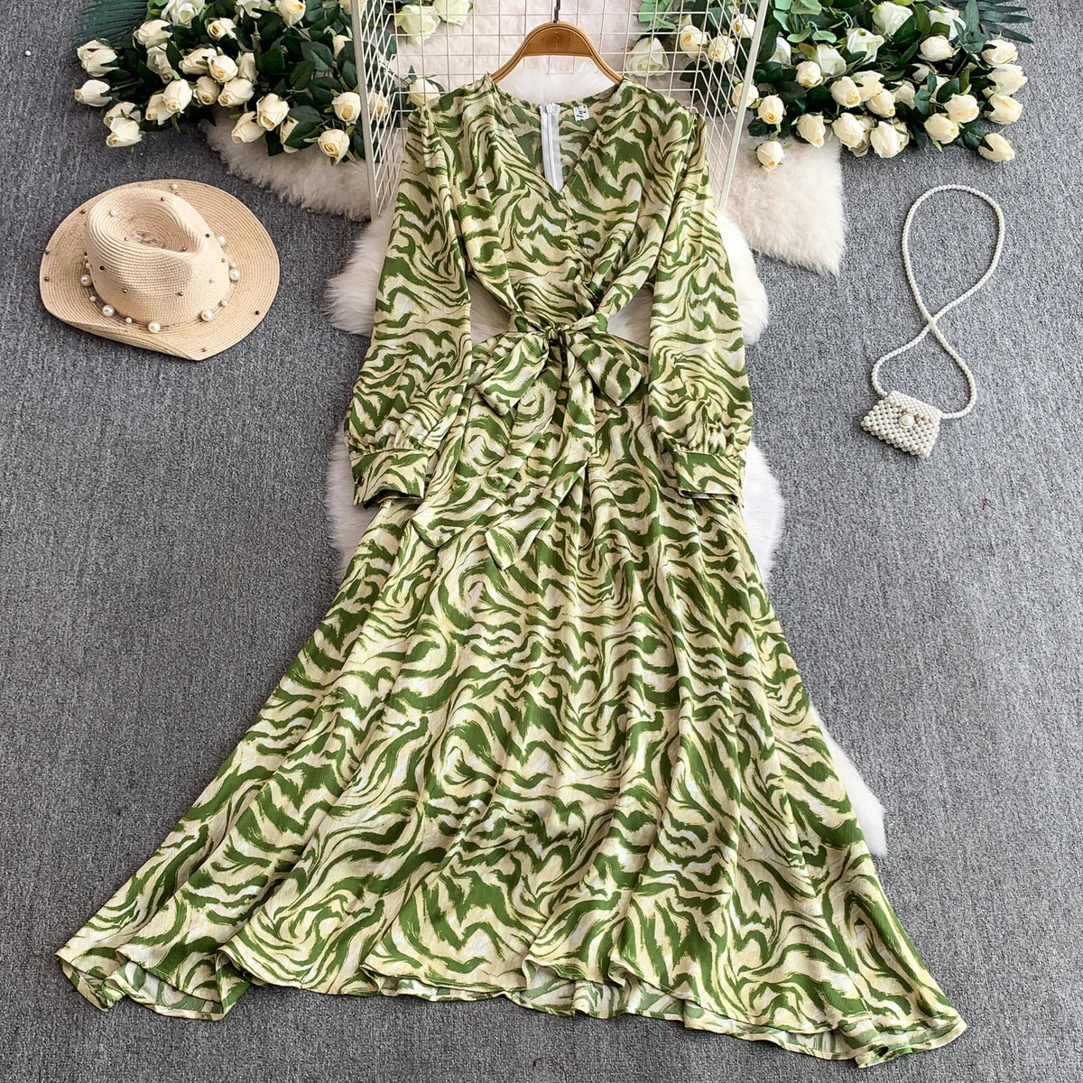 Slim V-Neck Long Sleeve Boho Dress
