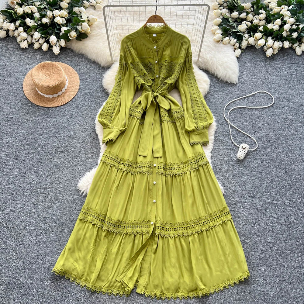 Crochet Cutout Button Long Dress
