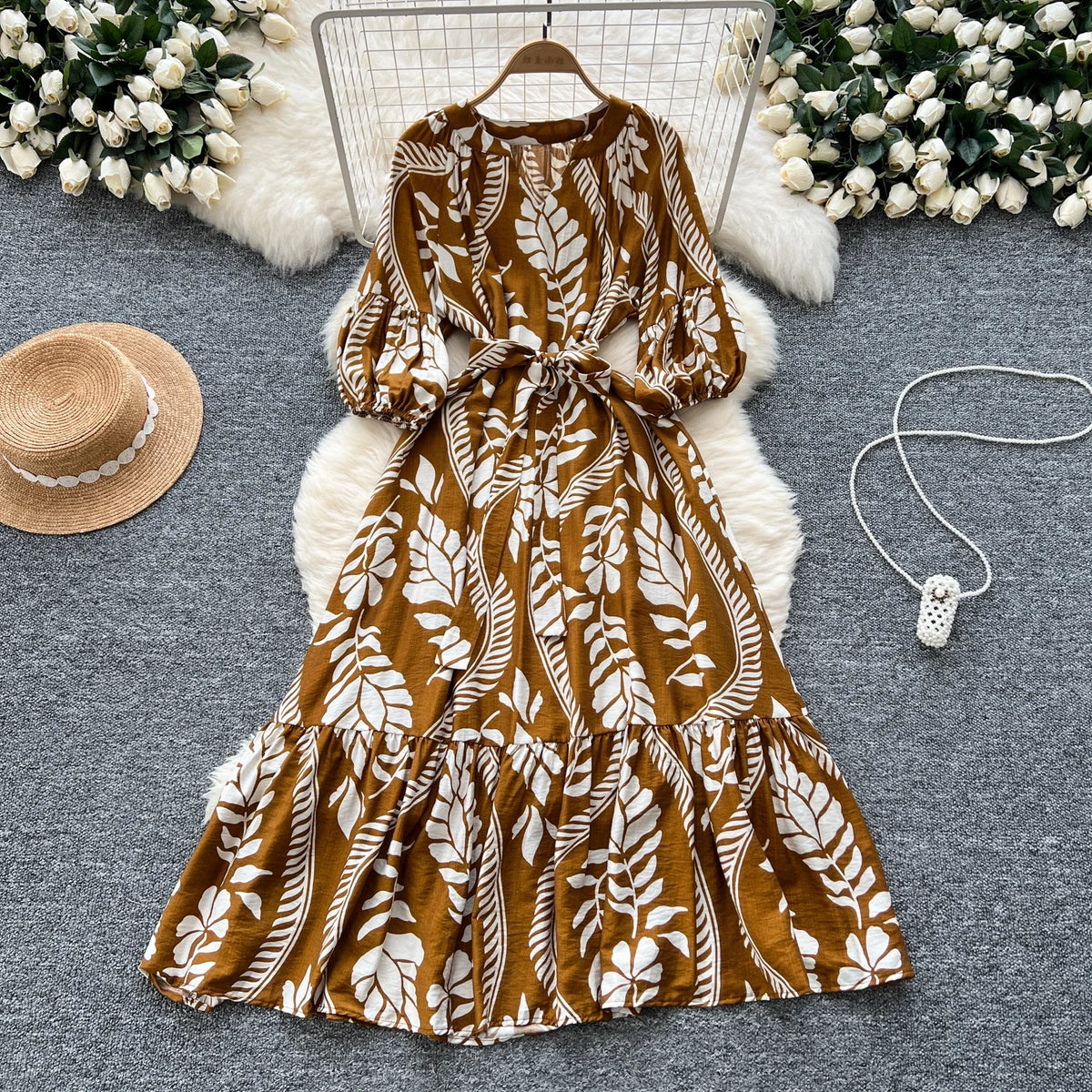 Print V-Neck Lantern Sleeve A-Line Maxi Dress
